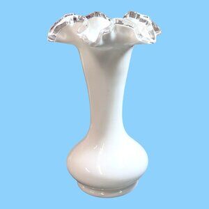 Fenton White Milk Glass Silvercrest Ruffled Vase Clear Crimped Trim 8" Vintage